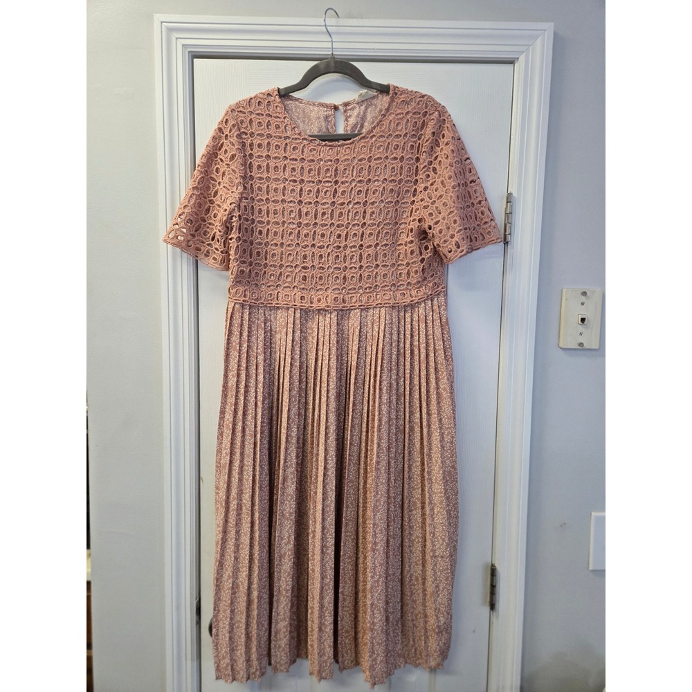 Orange Creek Pink Crochet Lace Pleated Midi Dress Womens Small Rose Boho Layered